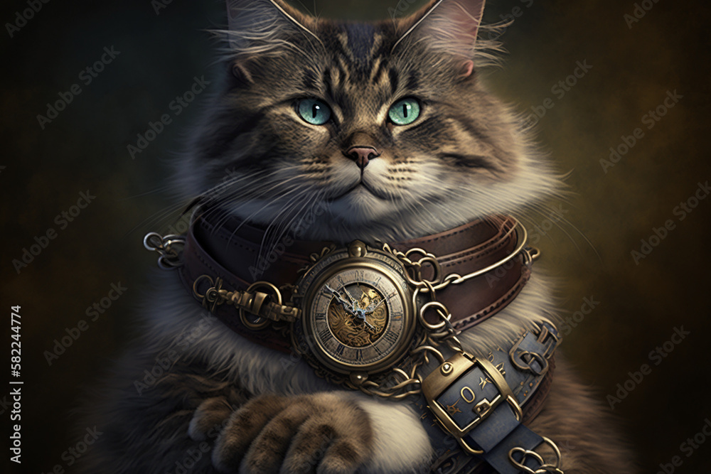 Wall mural cat with a steampunk watch lanyard around his neck protecting a safe. generate ai