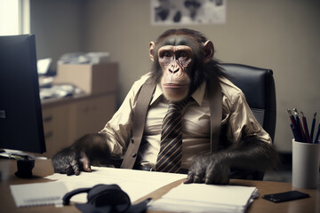 Monkey wearing suit in office , Businessman monkey sitting at office . Generate Ai