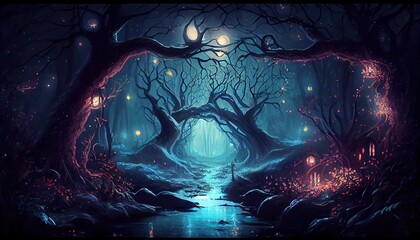 Fantasy landscape, magical night, fairy tale forest. Digital art, ai artwork, background or wallpaper. Generative AI