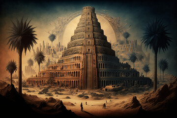 Ancient city of Babylon with the tower of Babel, bible and religion, new testament, speech in different languages. Generate Ai - obrazy, fototapety, plakaty
