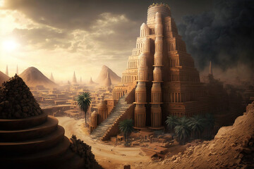 Ancient city of Babylon with the tower of Babel, bible and religion, new testament, speech in different languages. Generate Ai
