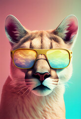 Naklejka premium Creative animal composition. Puma wearing shades sunglass eyeglass isolated. Pastel gradient background. With text copy space. Generate Ai