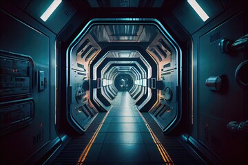 Corridor of a spaceship. tunnel background. Generative AI
