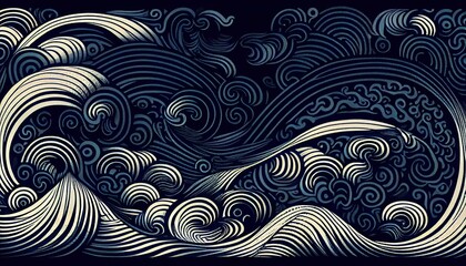 Stormy wave motif Indigo colour, Japanese style background. Generative AI.
