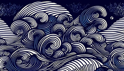Fototapeta na wymiar Stormy wave motif Indigo colour, Japanese style background. Generative AI.