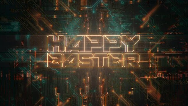 Happy Easter with computer scheme and neon light, motion abstract holidays, futuristic and cyberpunk style background