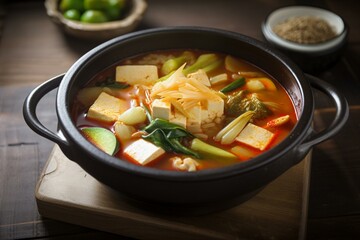 Still life, a bowl of Korean jjigae with tofu and vegetables. Generative AI
