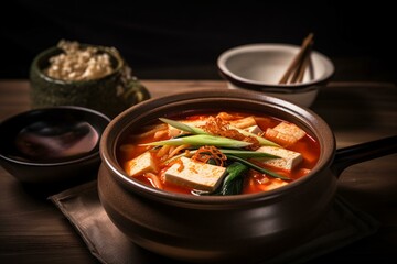 Still life, a bowl of Korean jjigae with tofu and vegetables. Generative AI
