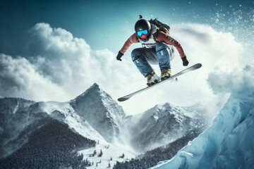 Naklejka na ściany i meble Extreme athlete Sports ski jump on mountain. Generate Ai