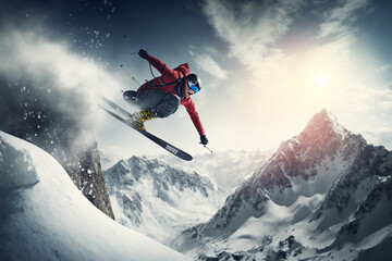 Extreme athlete Sports ski jump on mountain. Generate Ai