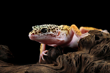 Leopard gecko lizard on branch with black background, eublepharis macularius, animal closeup