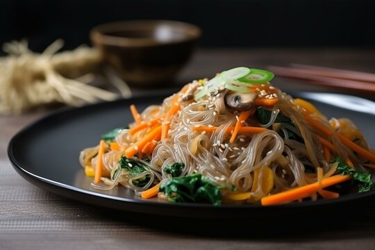 Still life, a plate of Korean japchae with sweet potato noodles and vegetables. Generative AI