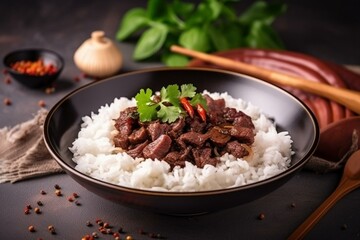 Still life, a plate of Vietnamese bo luc lac with cubed beef and rice. Generative AI - obrazy, fototapety, plakaty