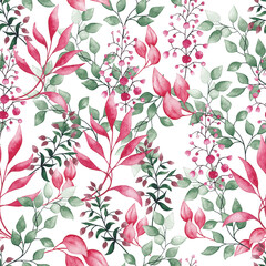 Seamless watercolor floral pattern - a composition of green and pink leaves and branches on a white background, perfect for wrappers, wallpapers, postcards, greeting cards, wedding invitations.