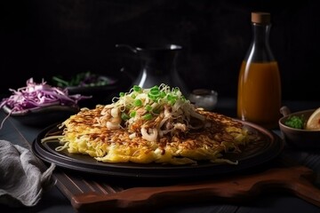 Fototapeta premium Still life, a platter of Japanese okonomiyaki with cabbage and seafood. Generative AI