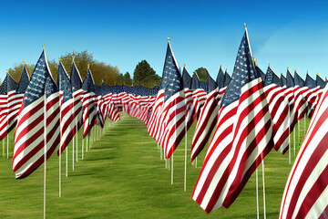 American Flag against the backdrop of a blue sky and clouds. Generative Ai