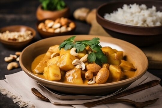 Still life, a plate of Thai massaman curry with potatoes and peanuts. Generative AI