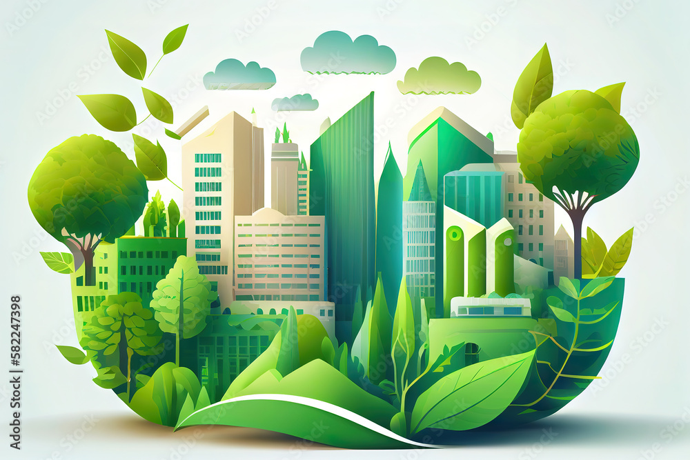 Wall mural round eco logo with green buildings and car. generative ai