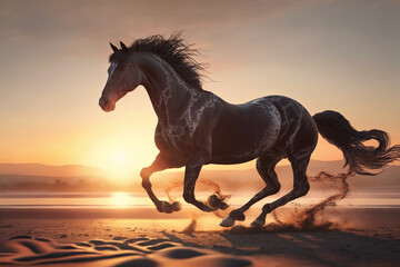 Beautiful Horse running on a beach at sunset. Stallion Running on the beach splashing waves at sunrise. Ai generated