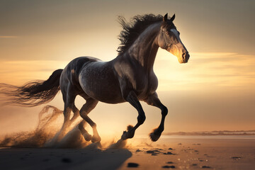 Obraz na płótnie Canvas Beautiful Horse running on a beach at sunset. Stallion Running on the beach splashing waves at sunrise. Ai generated