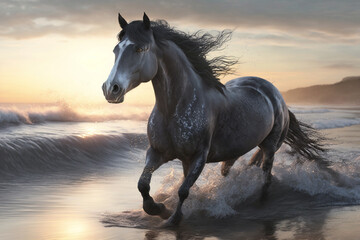 Fototapeta na wymiar Beautiful Horse running on a beach at sunset. Stallion Running on the beach splashing waves at sunrise. Ai generated