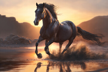 Obraz na płótnie Canvas Beautiful Horse running on a beach at sunset. Stallion Running on the beach splashing waves at sunrise. Ai generated
