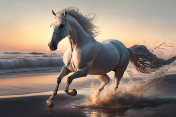 Beautiful Horse running on a beach at sunset. Stallion Running on the beach splashing waves at sunrise. Ai generated