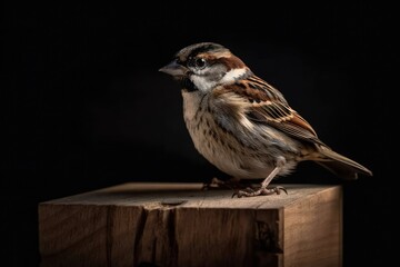 A bird house sparrow sitting on a dark wooden block with clear black background isolated. Generative AI