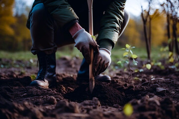 Man planting a young tree. Re forestation. Planting a tree with a shovel. Hands planting a young tree. Ai generated ( not a real person )