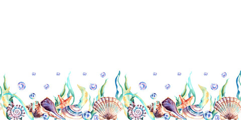 Fototapeta na wymiar A border of marine animals. Seashells, starfish, seaweed, pearls. Watercolor illustration. Inhabitants of the depths. Banner.