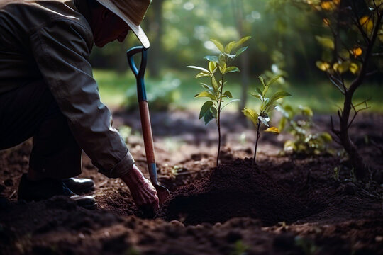 Man planting a young tree. Re forestation. Planting a tree with a shovel. Hands planting a young tree. Ai generated ( not a real person )