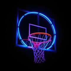 Neon basketball hoop on black background