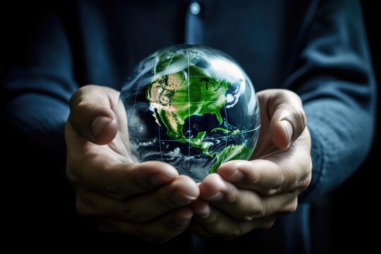 Conceptual image of a man holding the Earth as a green, ecological, and renewable energy world. Clean energy, the environment, and the eco idea. This image's components were provided by NASA