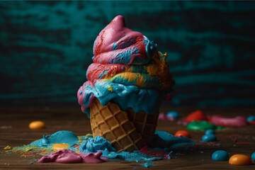 Vibrant Rainbow Cone of Ice cream. Colorful Vibrant ice cream cone on a dark background. Ai generated