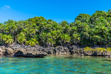 A view of the rocky shoreline adjacent to West Bay on Roatan Island on a sunny day