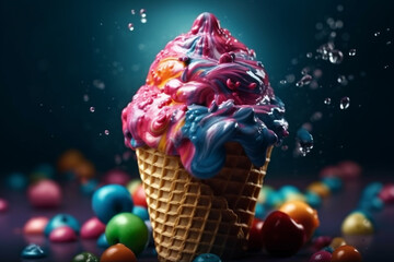 Vibrant Rainbow Cone of Ice cream. Colorful Vibrant ice cream cone on a dark background. Ai generated