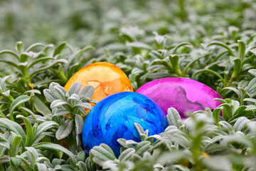 Colorful dyed easter eggs trio