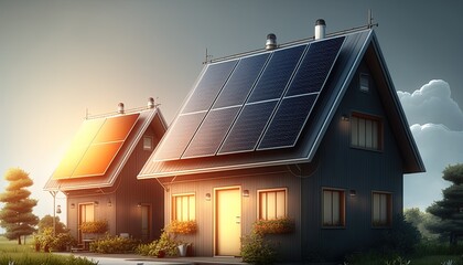Fototapeta premium Single family house with solar panels on the roof at sunset or sunrise. Sustainability concept. Generative AI