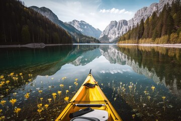 Canoe in a mountain lake with yellow flowers. Generative ai.