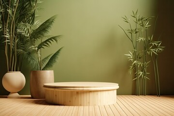 overlay display template background for natural beauty and wellness products. Beige wall, blank oak wood table with green bamboo plants. podium, stand, backdrop, Chinese, and zen. Generative AI