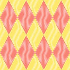 Seamless pattern with geometric pattern. Red and yellow rhombuses with moire effect