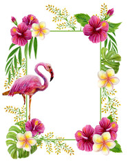 Tropical frame with flamingo and flowers. Hand drawn watercolor painting with pink Chinese Hibiscus rose and palm leave isolated on white background. Floral summer border.