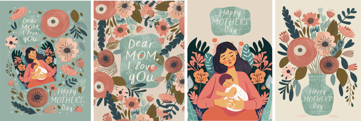 Naklejka na ściany i meble Happy Mother's Day. Vector illustration of mom with a baby in her arms, a vase of flowers, a declaration of love to mom and a floral frame for a greeting card, poster or background
