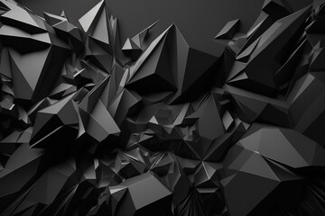 Faceted dark black background with triangles and artistic faceted 3D elements. Dark Background with faceted 3d elements. Ai generated