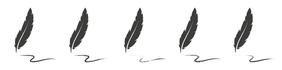 Feather pen icon set.  Writing feathers. Plumelet collection. Vector isolated illustration. - obrazy, fototapety, plakaty