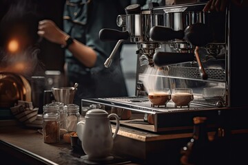 Using a steaming coffee maker, a barista makes coffee at a cafe. Generative AI