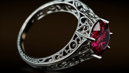 Awesome expensive luxury white gold ring with ruby, close-up shot. AI generated.