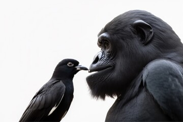 Gorilla on a white background showing a bird his family's love. Generative AI