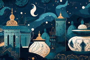 illustration of a mosque in the night Ramadan 
