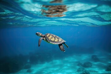 Obraz premium a tiny turtle flying through the ocean. Generative AI
